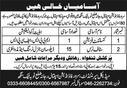 Sarwar Foundation Hospital RajanaToba Tek Singh 2023 Jobs 2023 — original advertisement