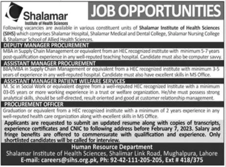 Shalamar institute of Health Sciences Lahore Jobs 2023 Jobs 2023 — original advertisement