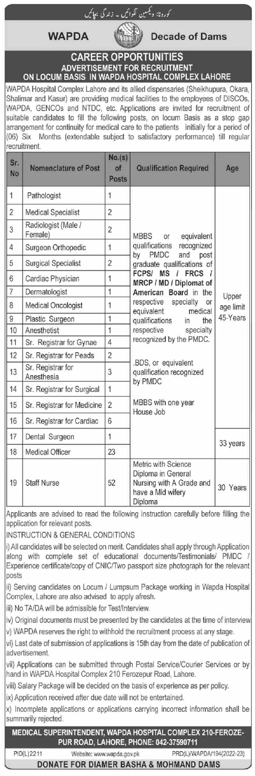 WAPDA Hospital Complex Lahore Jobs 2023 – Water and Power Development Authority Jobs 2023 — original advertisement