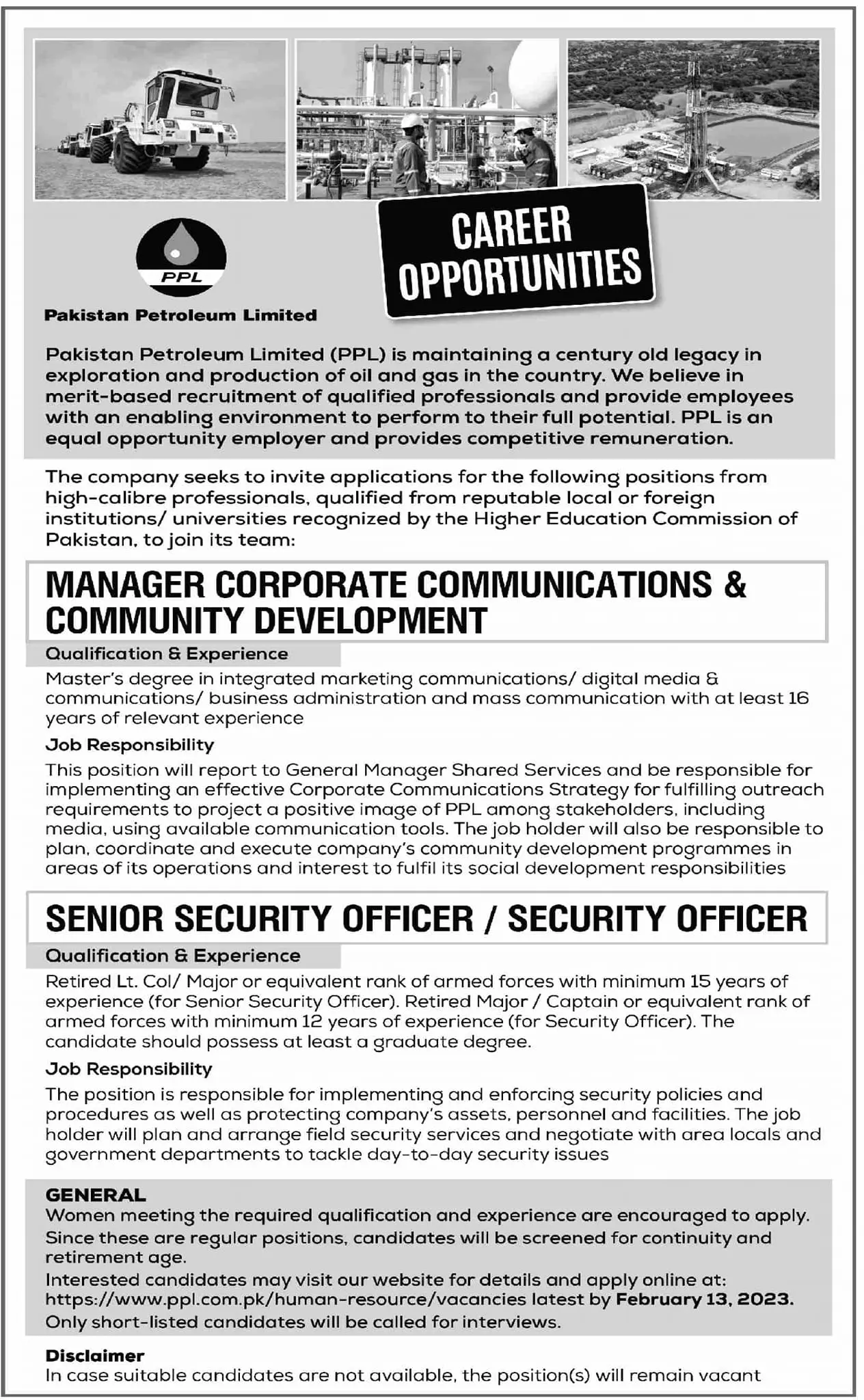 Pakistan Petroleum Limited PPL Karachi Jobs 2022 – Pakistan Petroleum Limited (PPL) Jobs 2023 — original advertisement