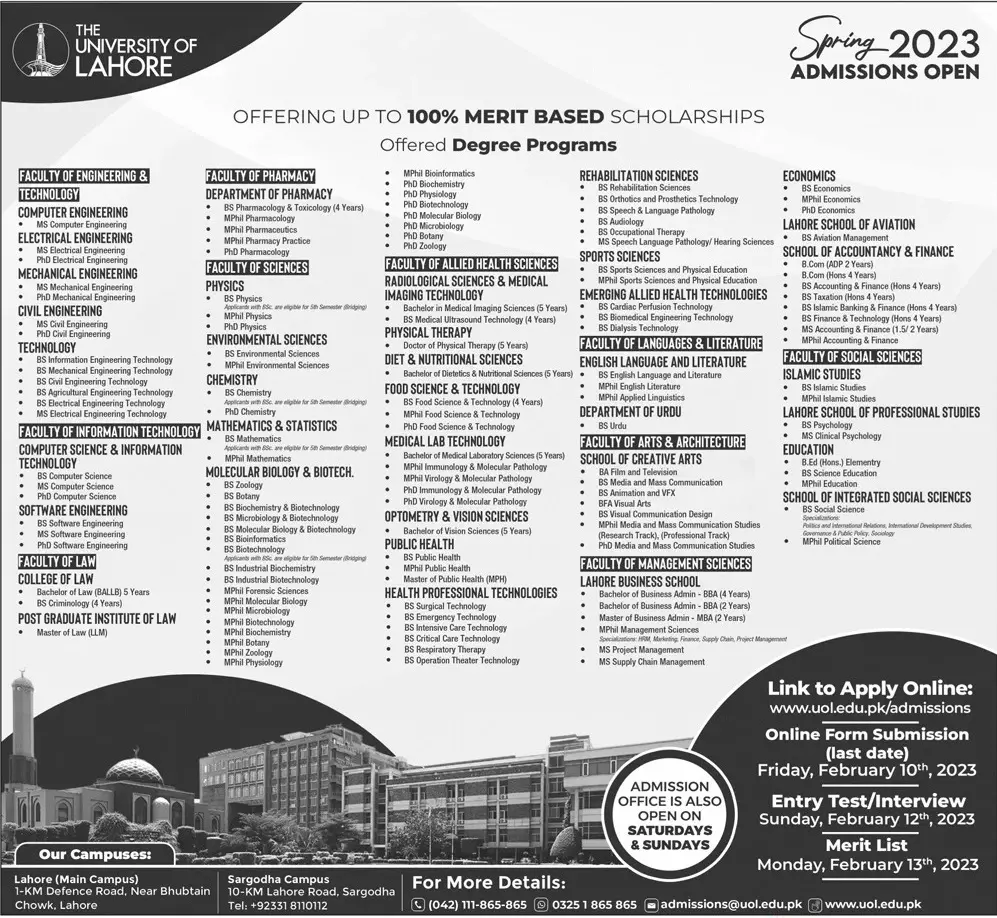 University of Lahore Admissions Spring 2023 Admissions 2023 — original advertisement