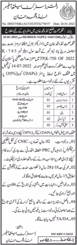 Health Department Tando Muhammad Khan Sindh Jobs 2023 – Health Department Sindh Jobs 2023 — original advertisement