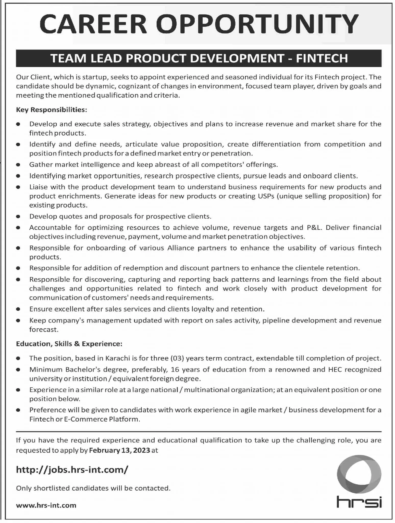 Human Resource Solution International HRSI Jobs 2023 – Labour and Human Resource Department Sindh Jobs 2023 — original advertisement