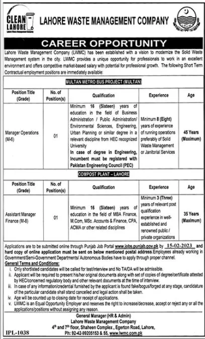 Lahore Waste Management Company Jobs 2023 – Lahore Waste Management Company Lahore Jobs 2023 — original advertisement