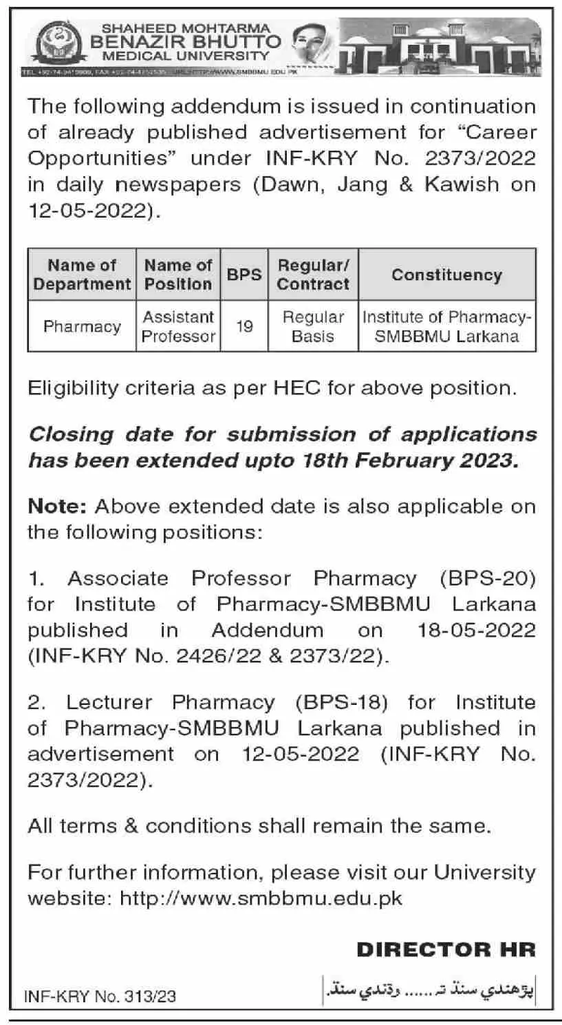 Shaheed Mohtarma Benazir Bhutto Medical University Jobs 2023 – Shaheed Mohtarma Benazir Bhutto Medical University Larkana Jobs 2023 — original advertisement