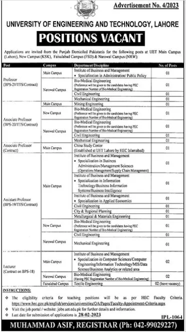 University of Engineering Technology Lahore Jobs 2023 – University of Engineering  & Technology Lahore Jobs 2023 — original advertisement