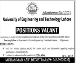 University of Engineering Technology Lahore Jobs 2023 – University of Engineering  & Technology Lahore Jobs 2023 — original advertisement
