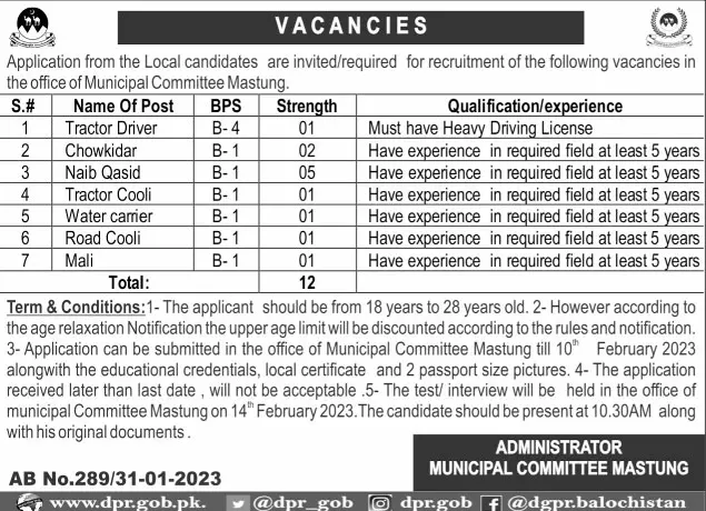 Municipal committee MC Mastung  jobs 2023 – Muncipal Commette Jobs 2023 — original advertisement