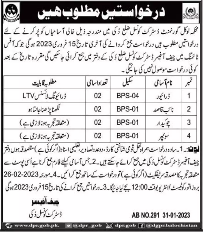 Local Government Department District Dukki Jobs 2023 – Local Government and Rural Development Department Balochistan Jobs 2023 — original advertisement