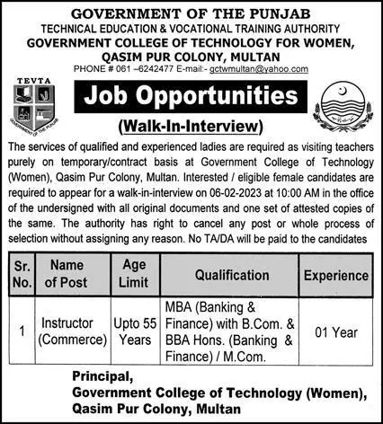 Government College of Technology Women Multan Jobs 2023 – Technical Education & Vocational Training Authority TEVTA Punjab Jobs 2023 — original advertisement