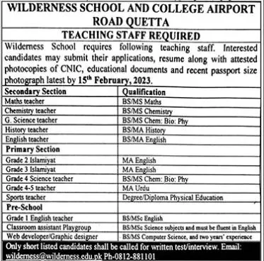Wilderness School and College Quetta Jobs 2023 Jobs 2023 — original advertisement
