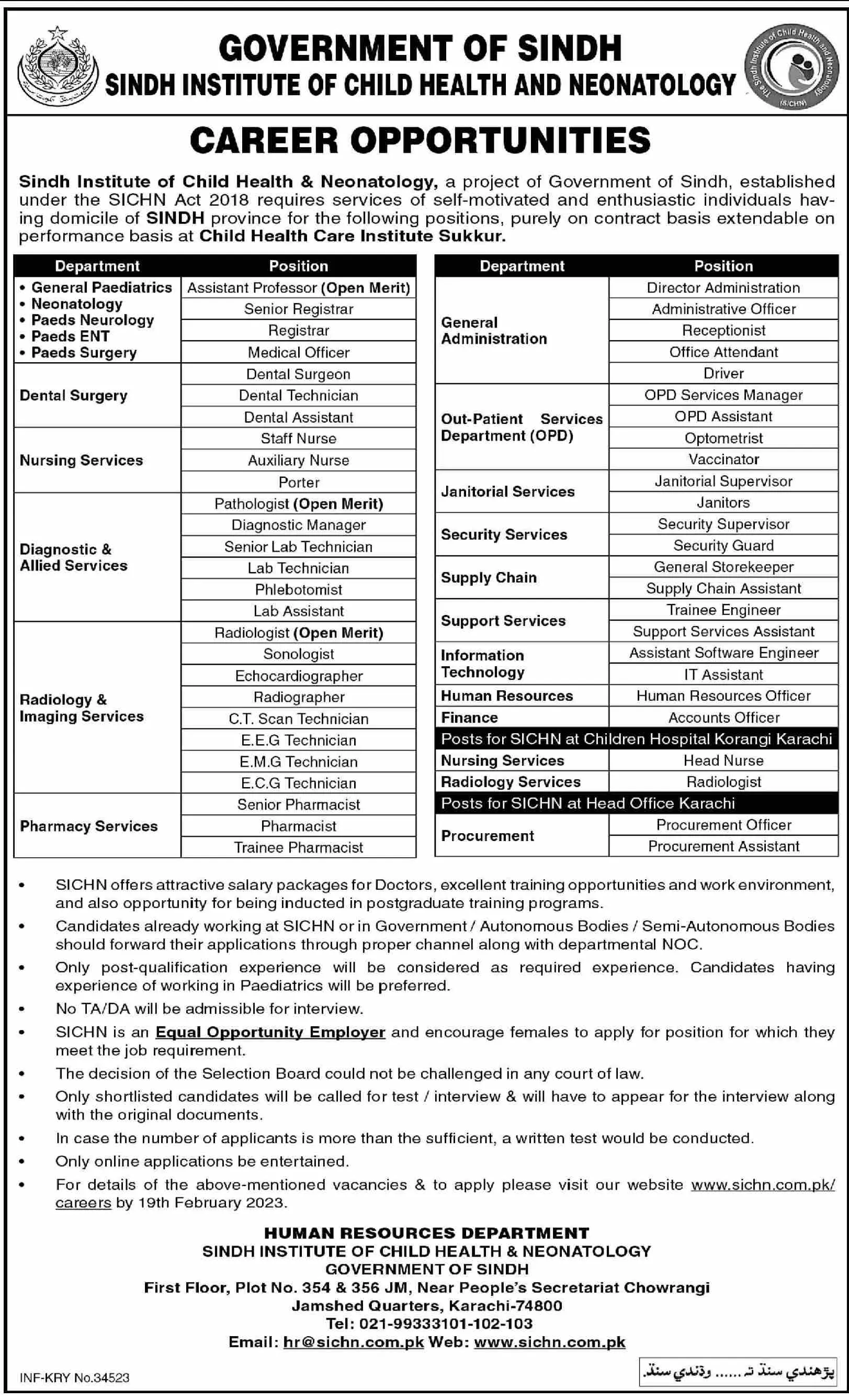Sindh Institute of Child health And Neonatology Jobs 2023 – Govt of Sindh Jobs 2023 — original advertisement