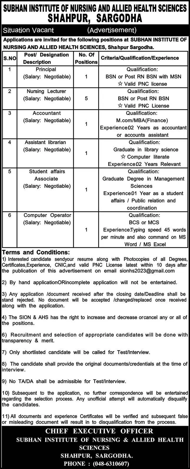 Subhan Institute of Nursing & Allied Health Sciences Jobs Jobs 2023 — original advertisement