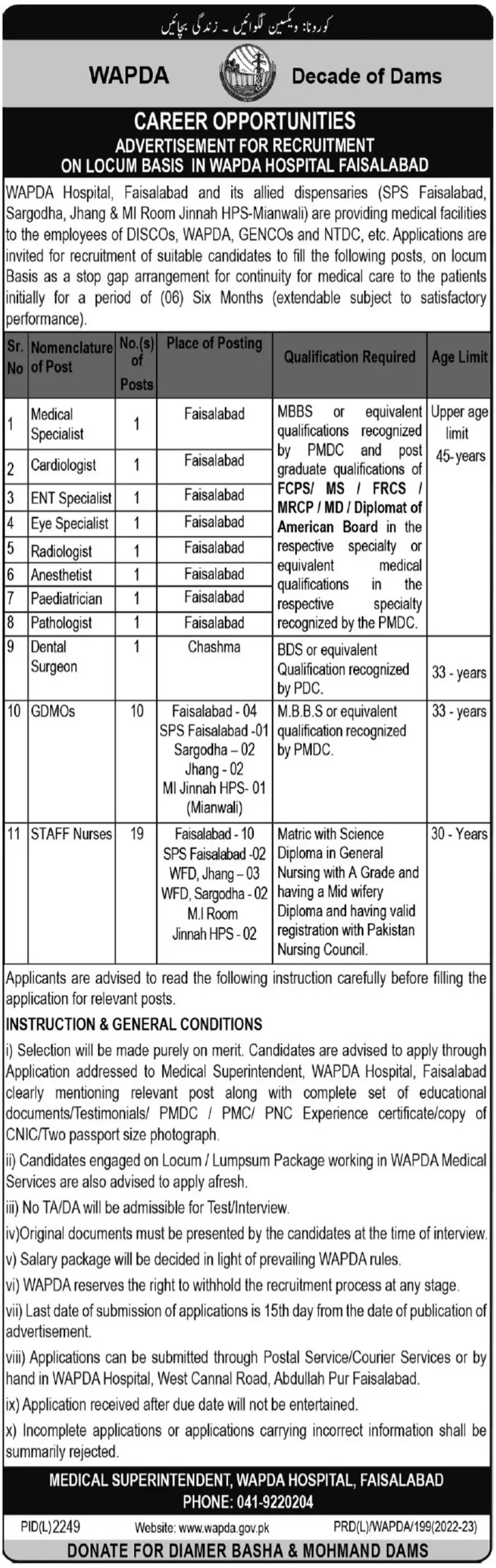 Wapda Hospital Faisalabad Jobs 2023 – Water and Power Development Authority Jobs 2023 — original advertisement