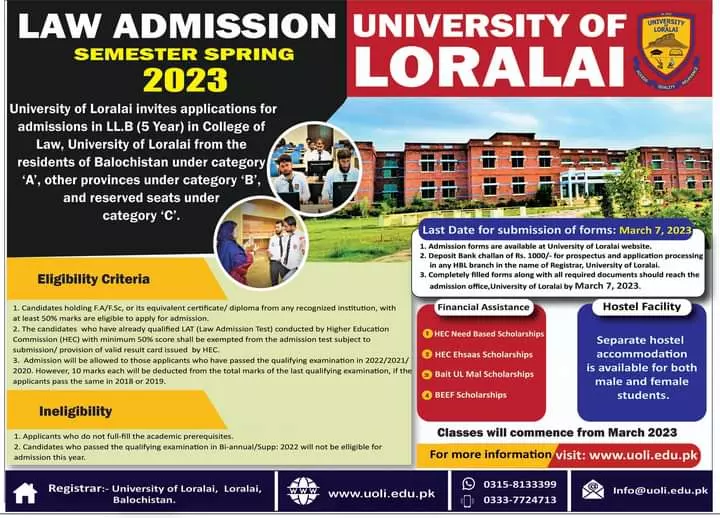 University of Loralai Balochistan Admissions 2023 Admissions 2023 — original advertisement