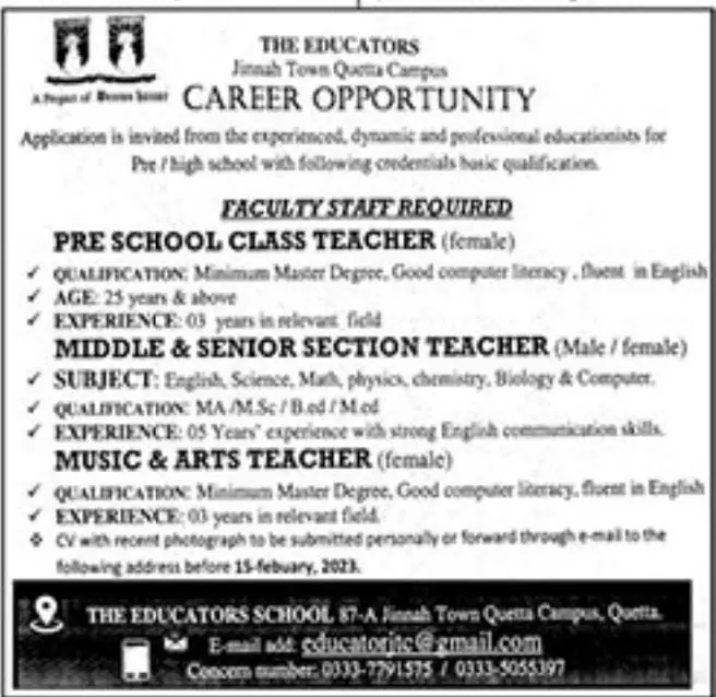 The Educators School Quetta Jobs 2023 – Education Department Balochsitan Jobs 2023 — original advertisement