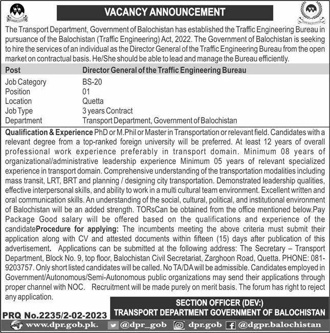 Transport Department Balochistan Jobs 2023 – Transport Department and Provincial Transport Authority Balochistan Jobs 2023 — original advertisement