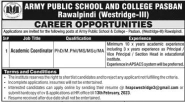 Army Public School and College Pasban Rawalpindi Jobs 2023 – Army Public School & College Paksitan Jobs 2023 — original advertisement