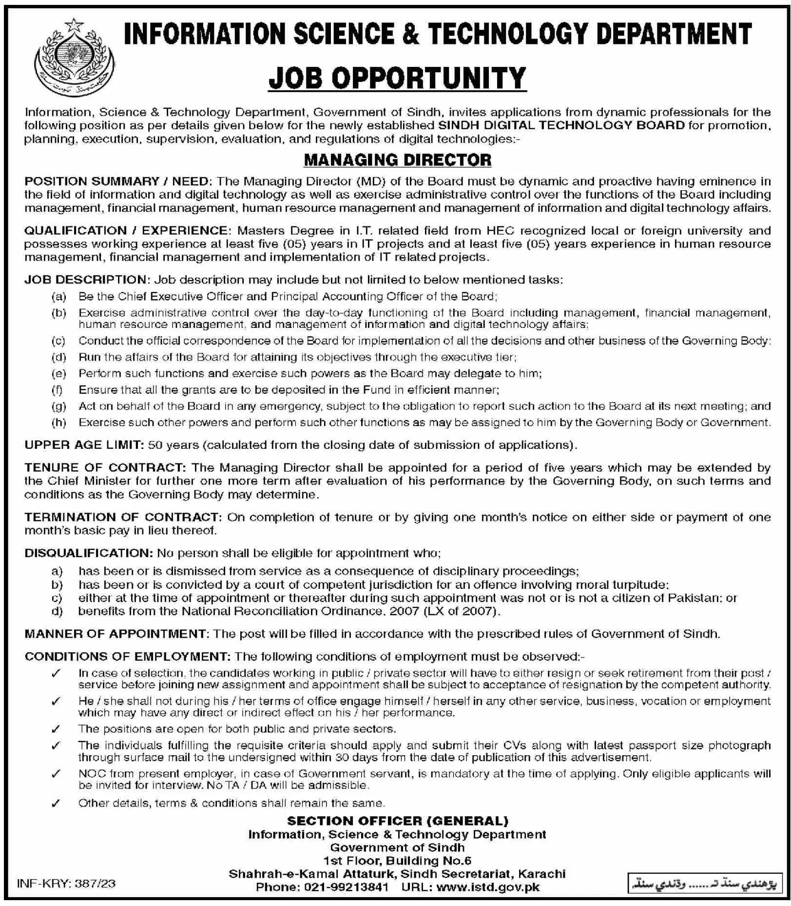 Information Science & Technology Department Sindh Jobs 2023 – Govt of Sindh Jobs 2023 — original advertisement