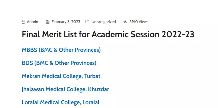 Final Merit List for BMC Quetta Academic Session 2022-23 – Bolan Medical College Quetta Admissions 2023 — original advertisement