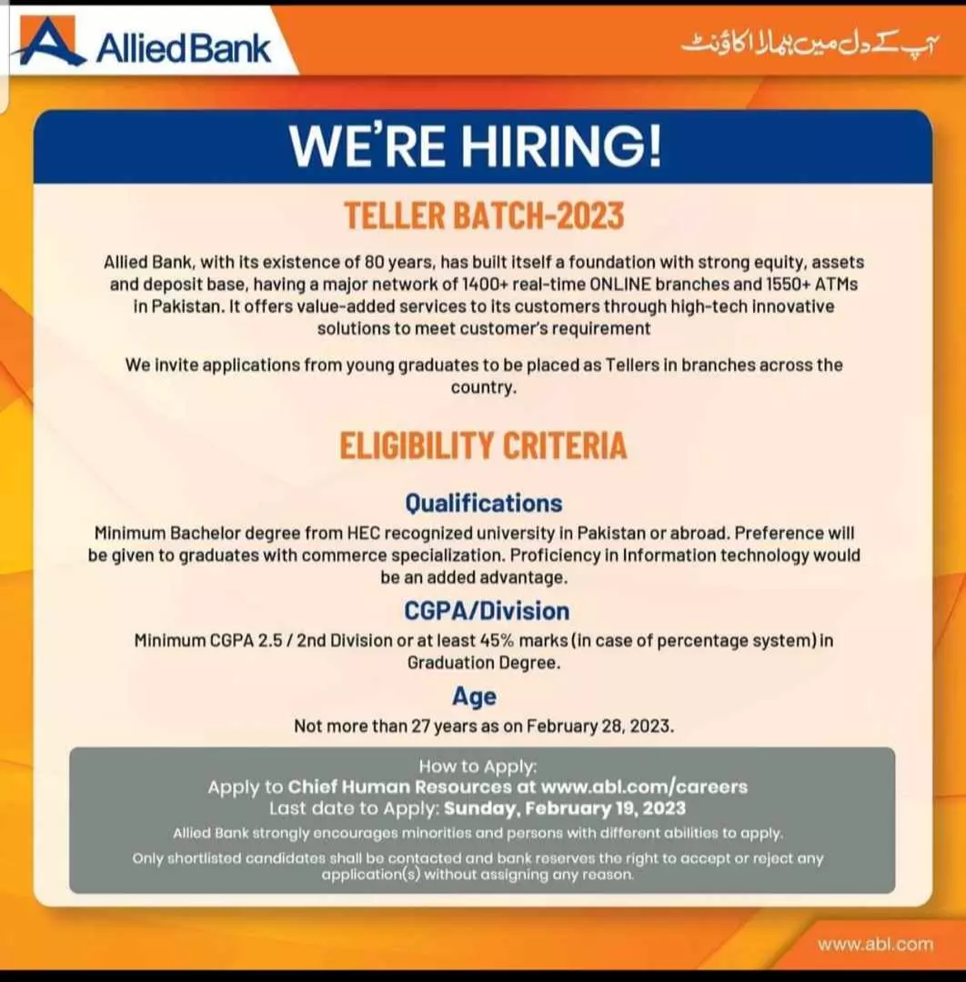 Allied Bank Teller Batch 2023 Jobs 2023 — original advertisement