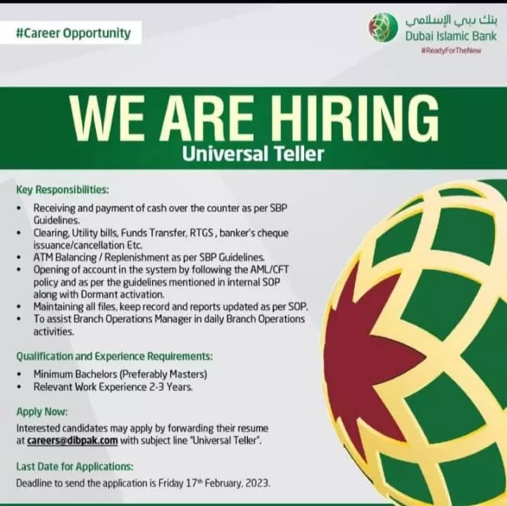 Dubai islamic bank universal Teller Jobs Jobs 2023 — original advertisement