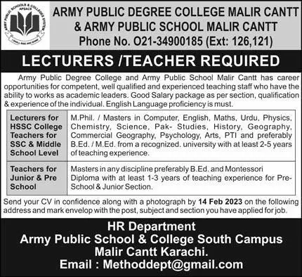 Army Public School College Malir Cantt Karachi Jobs 2023 – Army Public School & College Paksitan Jobs 2023 — original advertisement