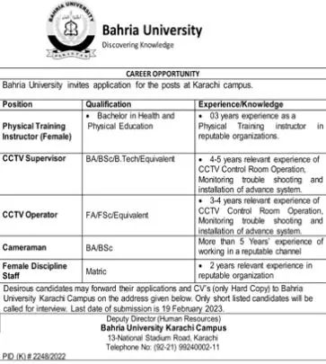 Bahria University Karachi Sindh Jobs 2023 Jobs 2023 — original advertisement