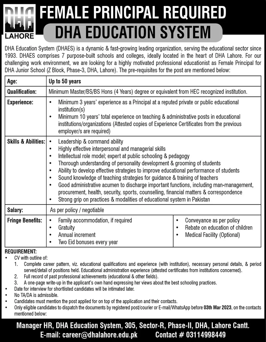 DHA Education System Lahore Jobs 2023 – Defence Housing Authority Jobs 2023 — original advertisement