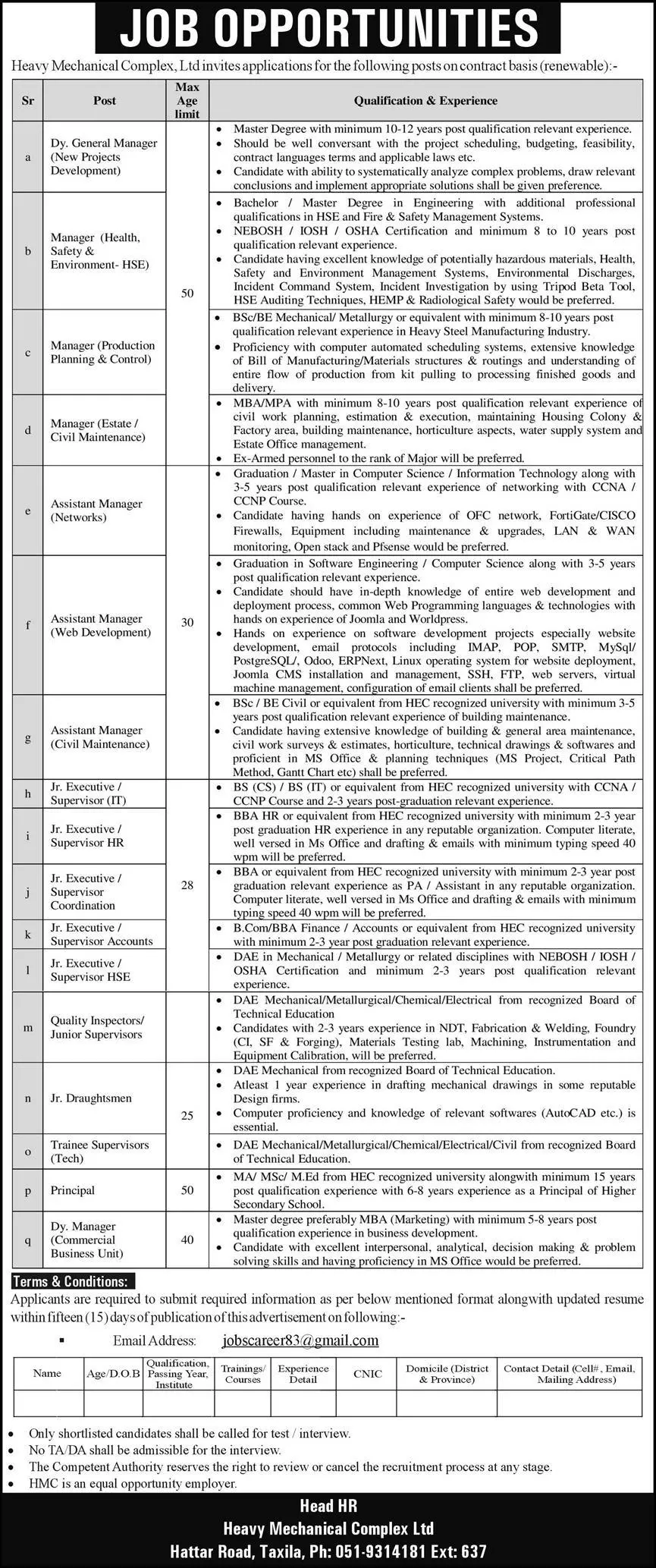 Heavy Mechanical Complex LTD Taxila Jobs 2023 – Heavy Industries Taxila Jobs 2023 — original advertisement