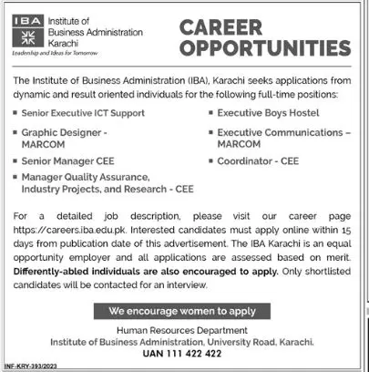 Institute of Business Adminstration Karachi Jobs 2023 – IBA Karachi Jobs 2023 — original advertisement