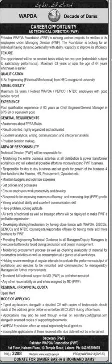 Pakistan Wapda Foundation Lahore Jobs 2023 – Water and Power Development Authority Jobs 2023 — original advertisement
