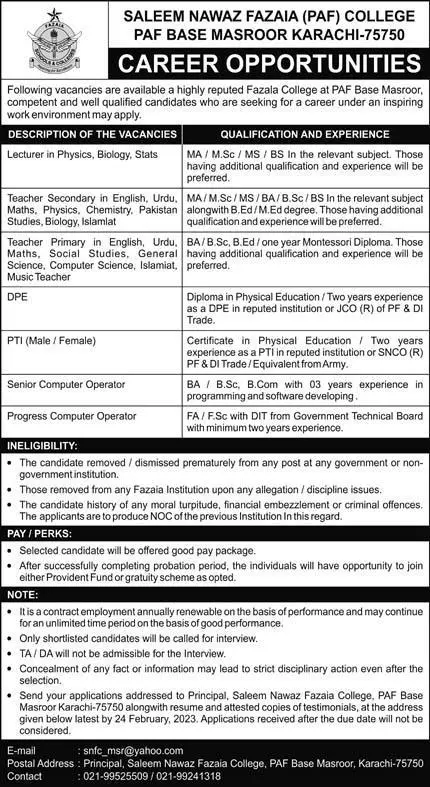Saleem Nawaz FAZAIA paf College Paf base Masroor Karachi Job – Fazaia Schools & Colleges Jobs 2023 — original advertisement