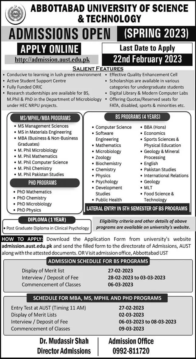 Abbottabad University of Science & Technology Admission 2023 – Abbottabad University of Science and Technology Admissions 2023 — original advertisement