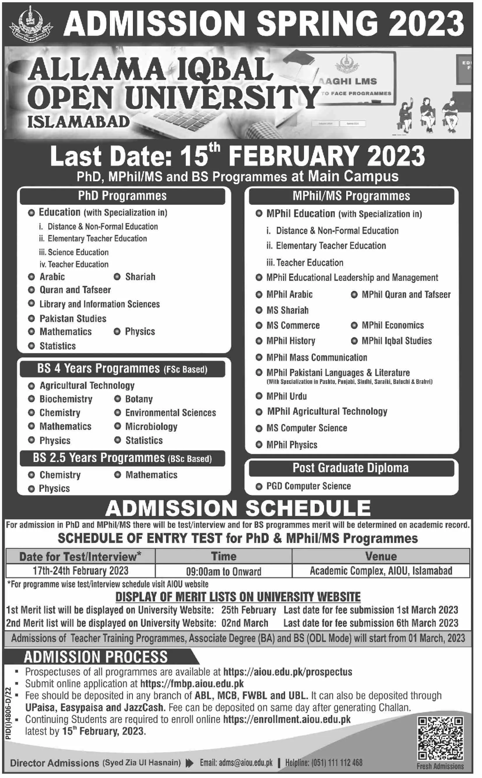 AIOU University Islamabad Admissions Spring 2023 – Allama Iqbal Open University Islamabad Admissions 2023 — original advertisement