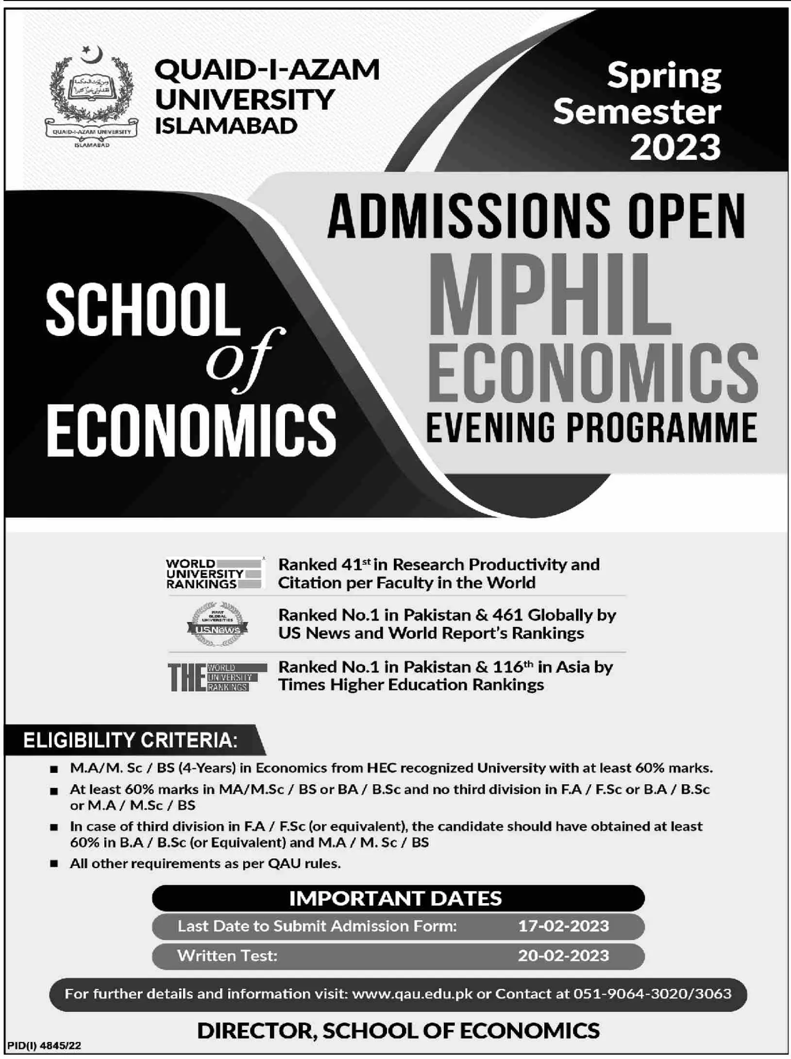 Quaid-i-Azam University Islamabad Admissions 2023 – Quaid-i-Azam University, Islamabad , Pakistan Admissions 2023 — original advertisement