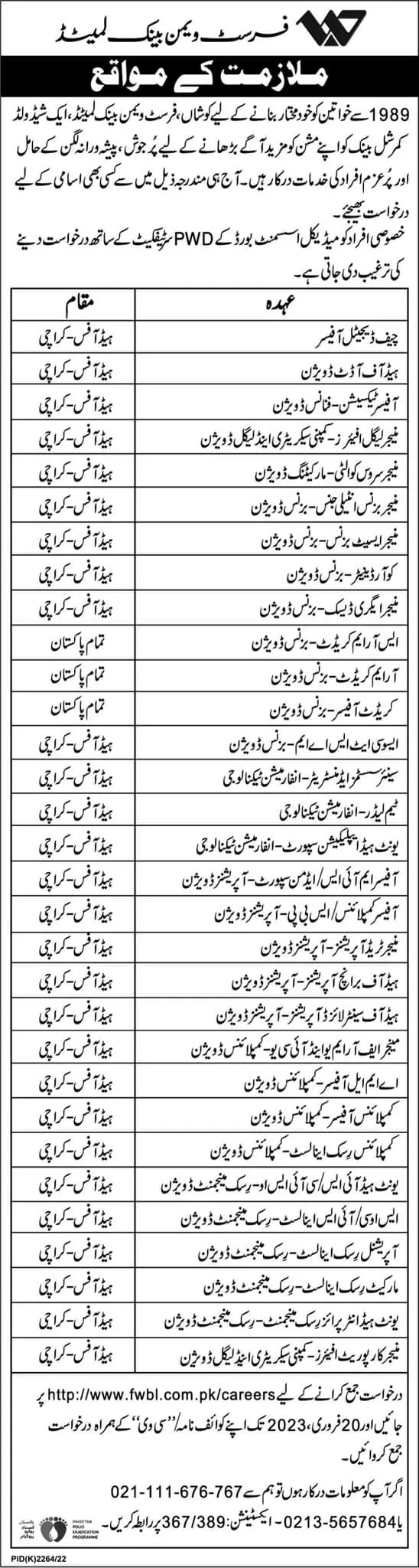 First Women Bank Limited Jobs 2023 – First Women Bank LTD Jobs 2023 — original advertisement