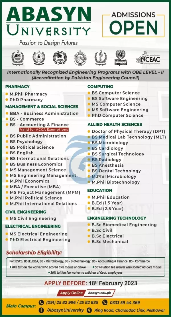 Abasyn University Peshawar Admissions 2023 Admissions 2023 — original advertisement