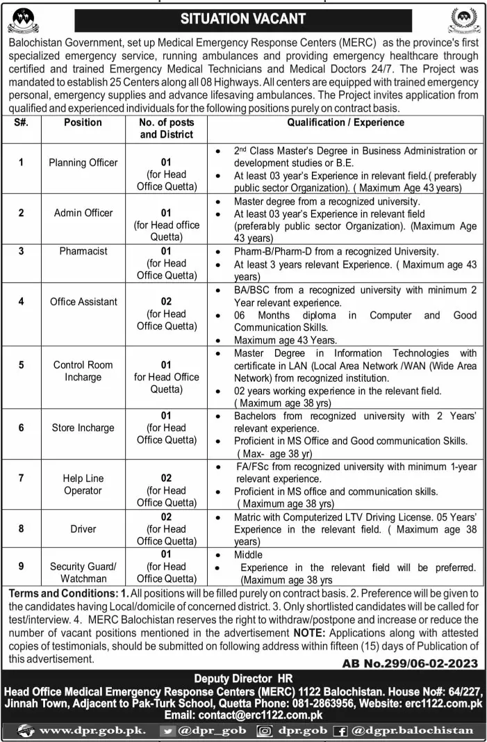 Medical Emergency Response Center MERC Balochistan Jobs 2023 – Medical Emergency Response Center Balochistan Jobs 2023 — original advertisement