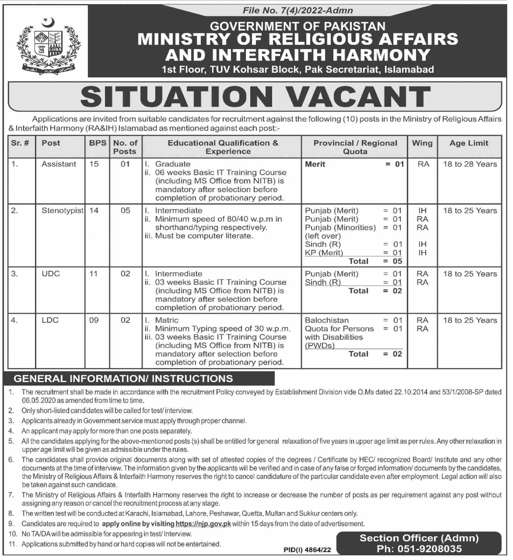 Ministry of Religious Affairs & interfaith Harmony Jobs 2023 – Ministry of Religious Affairs and Interfaith Harmony Pakistan Jobs 2023 — original advertisement