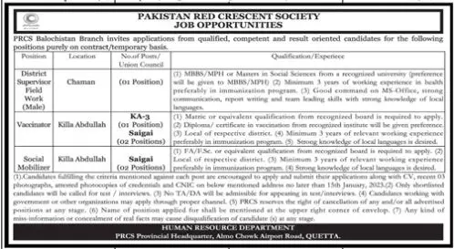 Pakistan Red Crescent Society Quetta Jobs 2023 Jobs 2023 — original advertisement