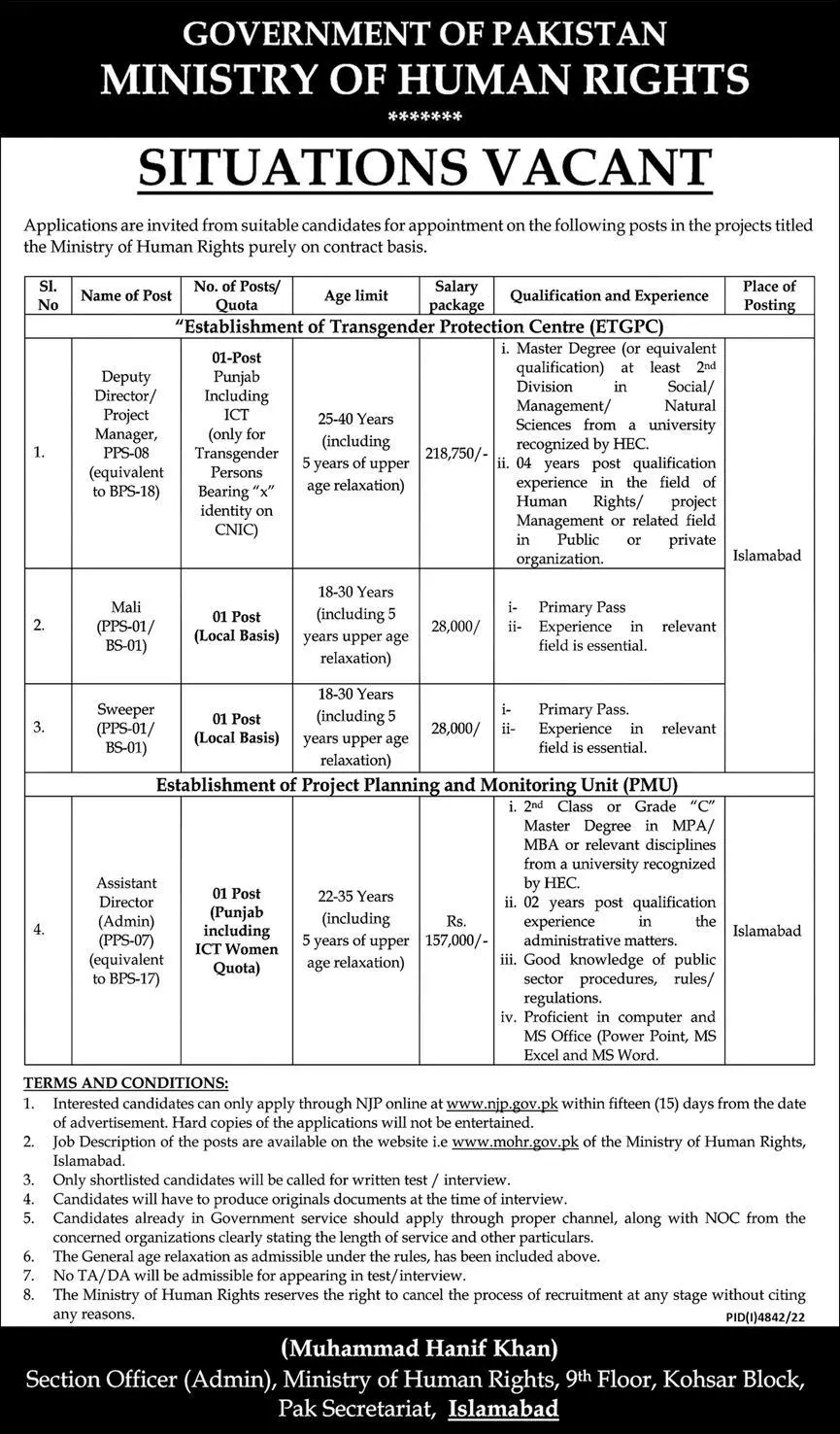 Ministry of Human Rights Islambad Jobs 2023 Jobs 2023 — original advertisement