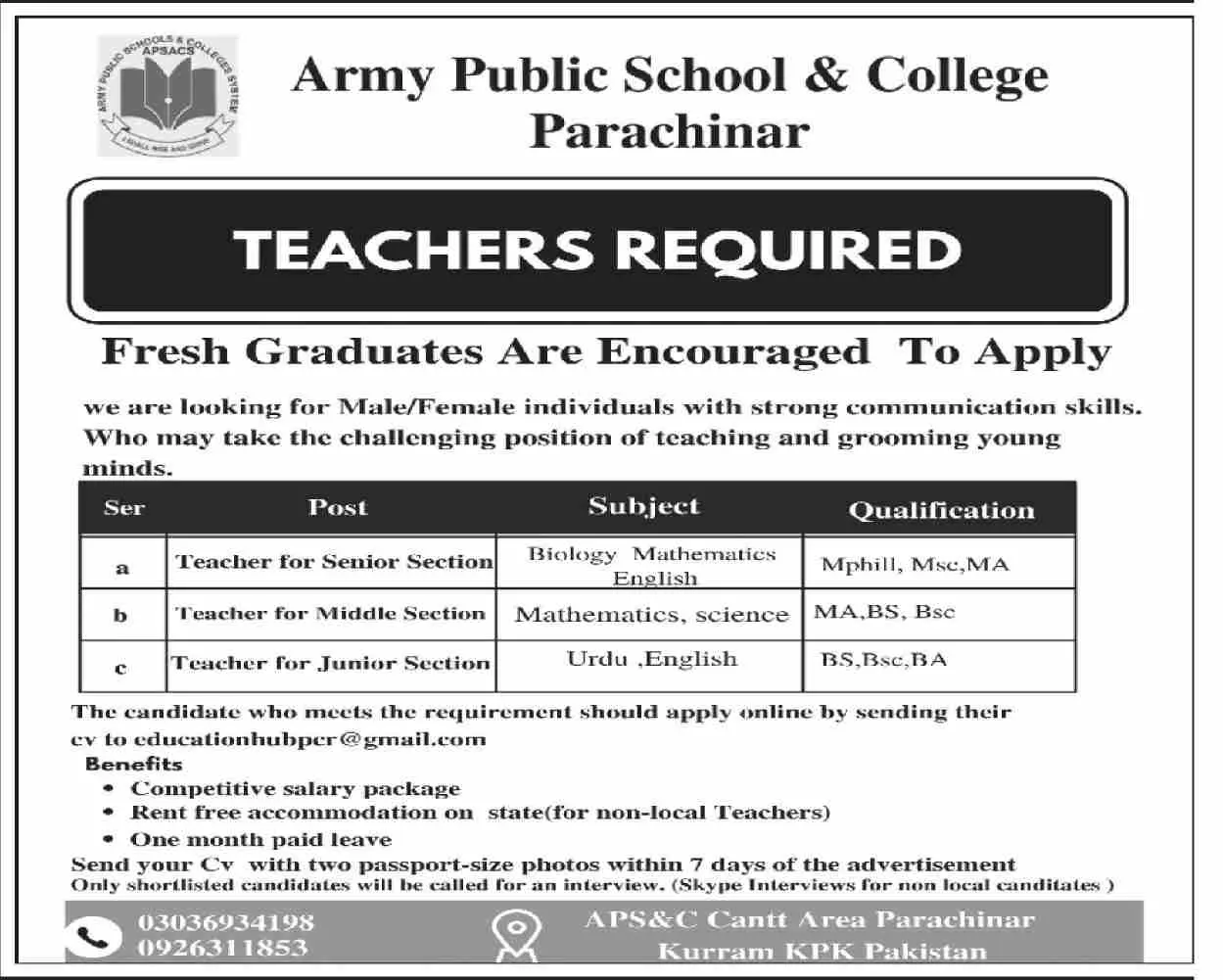Army Public School & College Parachinar Kurram Jobs 2023 – Army Public School & College Paksitan Jobs 2023 — original advertisement