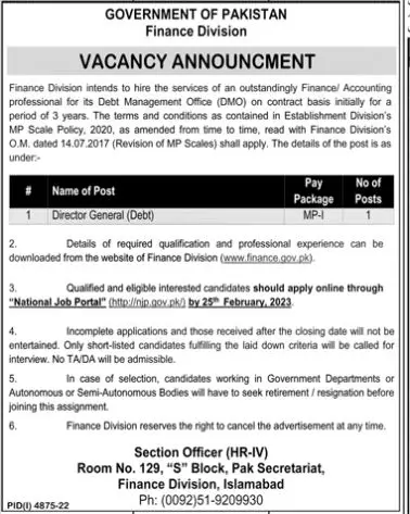 Finance Division Islamabad Jobs 2023 Jobs 2023 — original advertisement