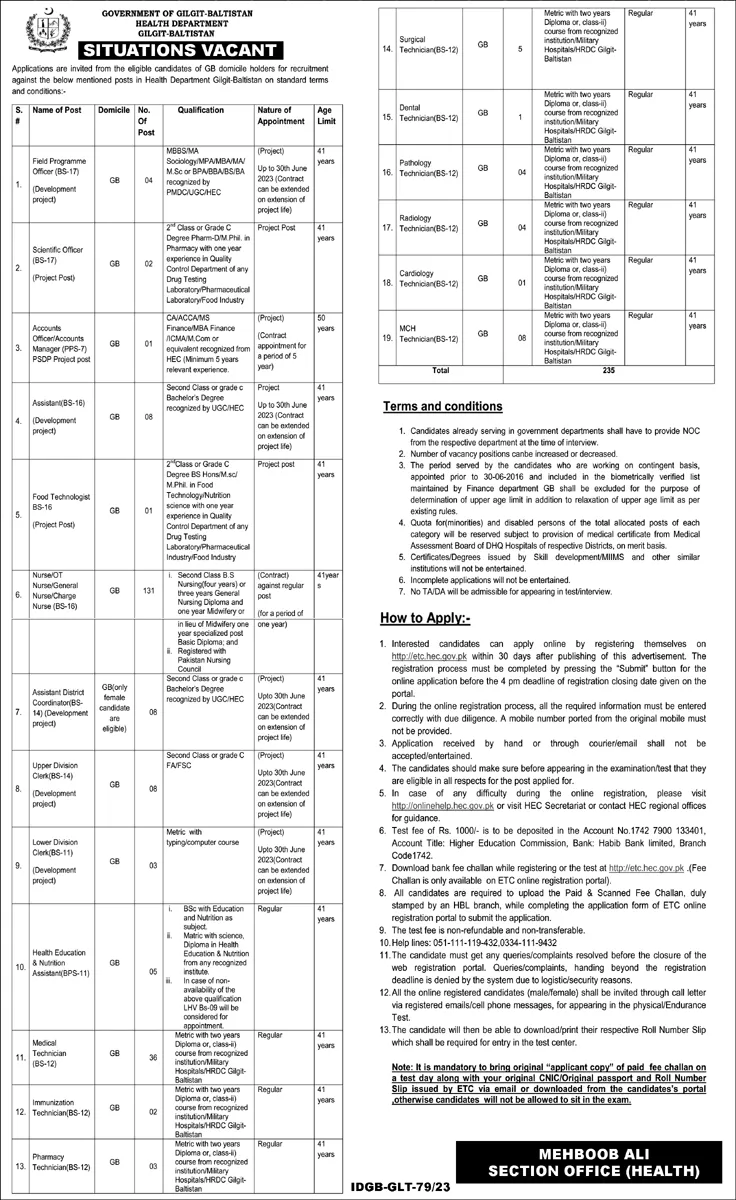 Health Department Gilgit Baltistan Jobs 2023 – Health Department Gilgitbaltistan Jobs 2023 — original advertisement