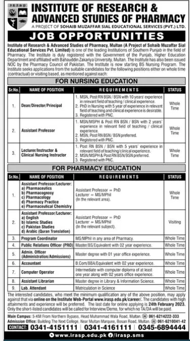 Institute Of Research & Advanced Studies Of Pharmacy Jobs Admissions 2023 — original advertisement