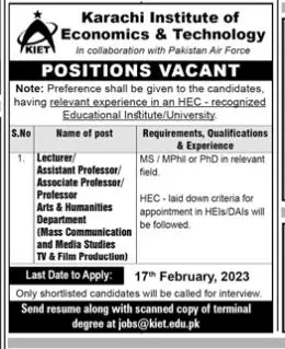 Karachi Institute of Economics & Technology KIET Jobs 2023 – Karachi Institute of Economics and Technology KIET Jobs 2023 — original advertisement