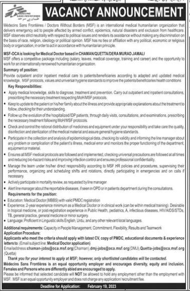 Medicines Sans Frontiers MSF Balochistan Jobs 2023 Jobs 2023 — original advertisement