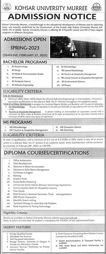 Koshar University Murree admissions 2023 Admissions 2023 — original advertisement