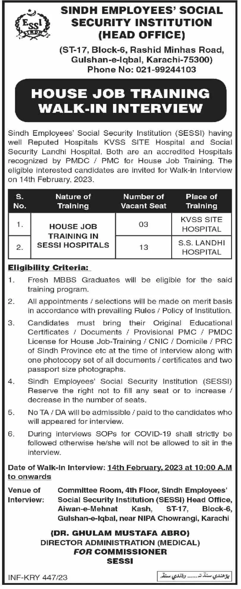 Sindh Employees Social Security Institution Jobs Interview – Sindh Employees Social Security Institution SESSI Karachi Jobs 2023 — original advertisement